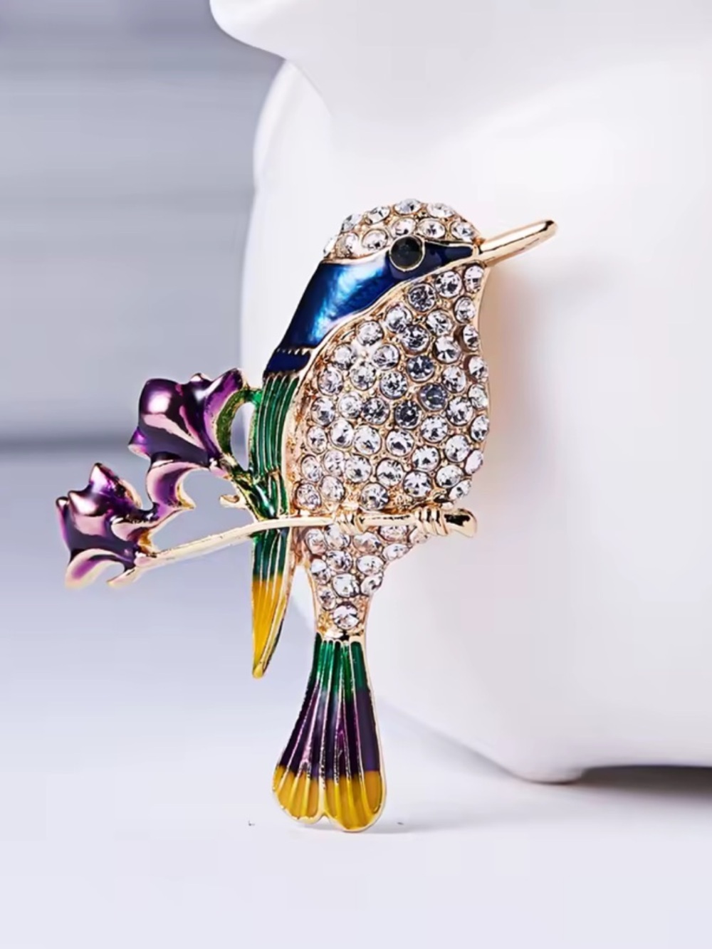 Multicolor Crystal Encrusted Bird Brooch